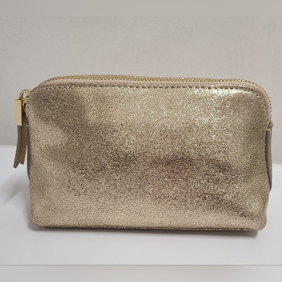 India Hicks Metallic Gold Leather Zip Top Cosmetic Accessory Pouch Clutch - Picture 7 of 16